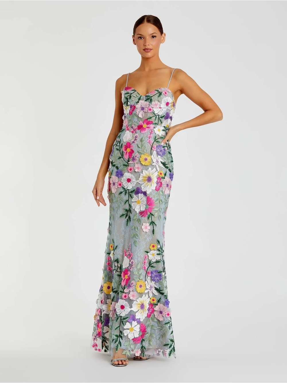 Mac Duggal Floral Embroidered Sleeveless Bustier Gown